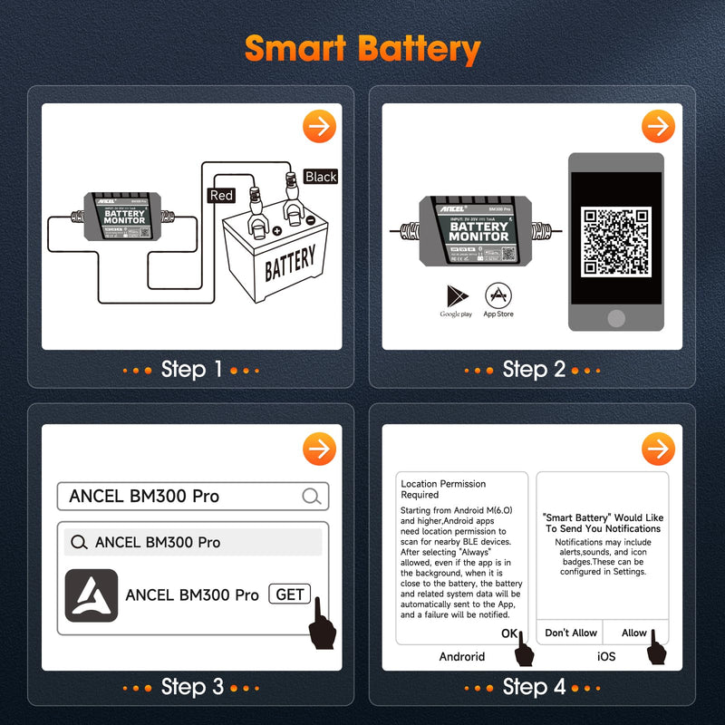 ANCEL BM300 Pro Battery Monitor - 6V/12V/24V Universal with Bluetooth 5.3 & Reinforced Design, Charging & Cranking Tests, Real-Time Alerts for Lead-Acid & Lithium Batteries in RV, Truck, Marine & More Orange