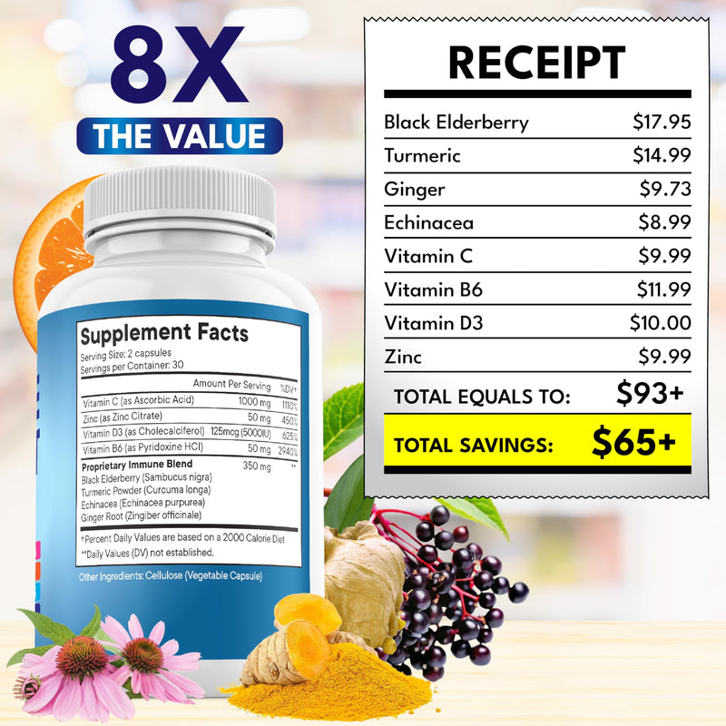 8 in 1 Immune Support Booster Supplement with Echinacea, Vitamin C and Zinc 50mg, Vitamin D 5000 IU, Turmeric Curcumin & Ginger, B6, Elderberry (8 in 1 Capsules (Pack of 5)) 300 Capsules (Pack of 5)