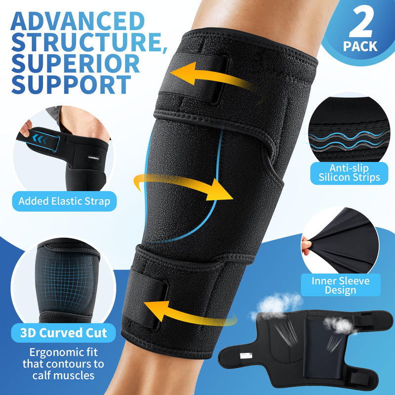 CAMBIVO Calf Brace for Torn Muscle, 2 Pack Adjustable Neoprene Compression Wrap Support for Shin Splints, Strain, Leg Pain (Black, Medium) Black