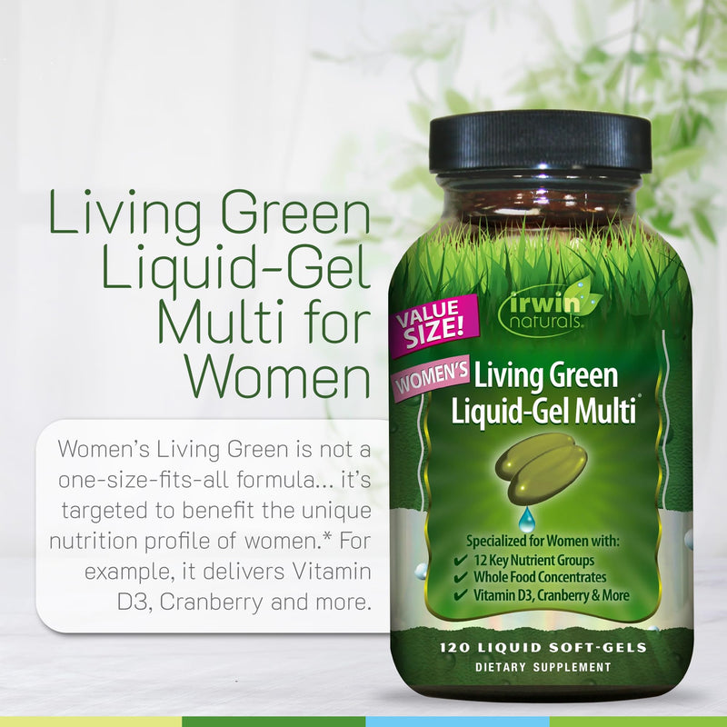 Irwin Naturals Women’s Living Green Liquid-Gel Multivitamins|120 Softgels | Whole Food Multivitamin for Women | 70 Nutrients, Omega & Greens Blend | BioPerine for Absorption Unflavored 120 Count (Pack of 1)