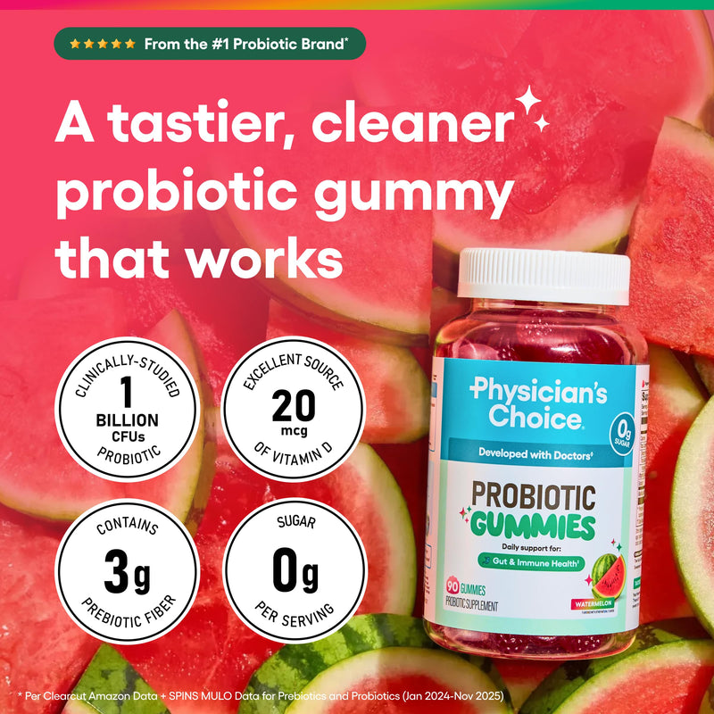 Physician's CHOICE Probiotic Gummies with Vitamin D & Prebiotic Fiber - Sugar Free - 1B CFUs of Clinically Studied Probiotic - Supports Immune & Gut Health for Women & Men - Watermelon Flavor - 90CT 90 Count (Pack of 1)