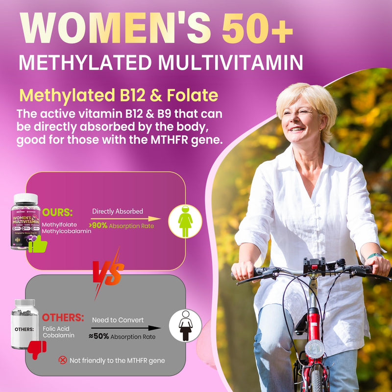 Multivitamin for Women 50 Plus Gummies, Vegan Omega 3, Calcium D3 K2, CoQ10 | Probiotics, Daily Vitamin A C E, Methylfolate, Methylated B12 Biotin B Complex, Zinc -Bone Energy Longevity -Sugar Free 60Cts 60 Count (Pack of 1)