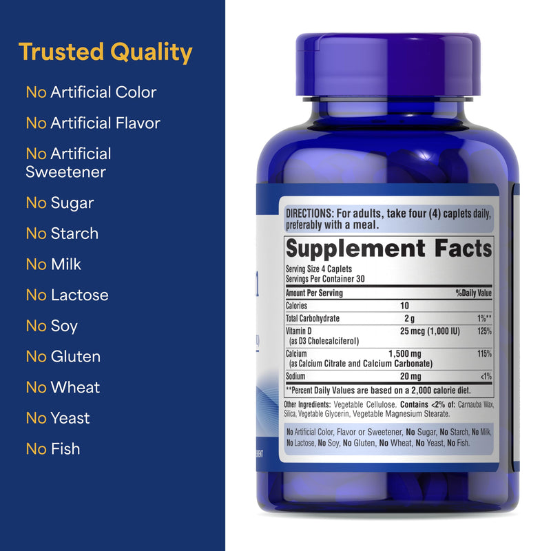 Puritan's Pride Absorbable Calcium 1500mg Plus Vitamin D3 25mcg 1000 IU | Dietary Supplement For Bone Strength, Heart, Nerve, Muscle, And Immune Support, 120 Coated Caplets Unflavored 120 Count (Pack of 1)