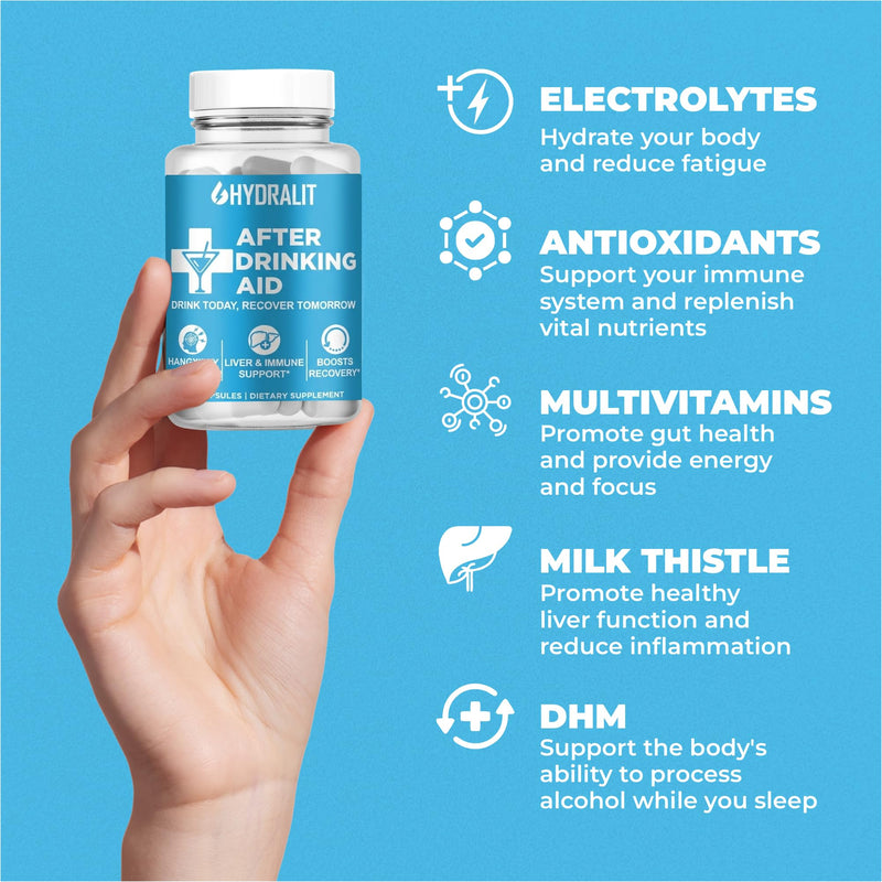 After Drinking Aid Supplement Pre Game Party Pills Electrolytes Hydration DHM Milk Thistle Weekend Recovery Vitamins Relief Formula Better Mornings Alcohol Liver Health Support 120 Capsules