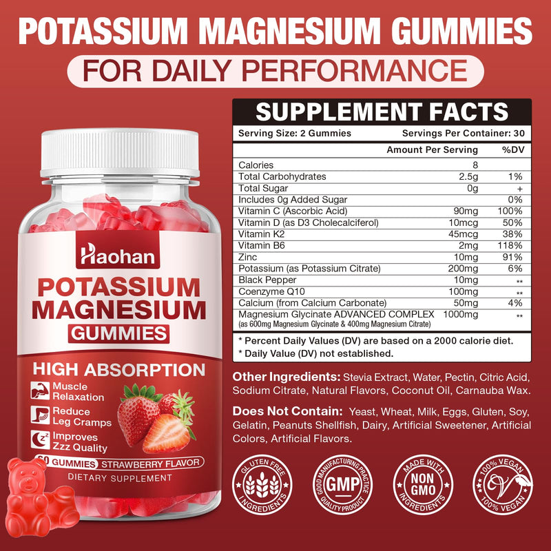 Potassium Magnesium Gummies with Electrolytes & Vitamins - Magnesium Glycinate, Potassium Citrate, Calcium, Vitamins B6, D3 & K2 for Muscle Function & Recovery - Vegan, Strawberry, 120 Count