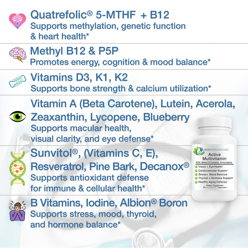 Active Multivitamin ADK Methyl B Complex - 60 Capsules | Quatrefolic Folate, P5P, Methyl B12, Vitamin D3 K1 K2, Energy & Cellular Health, Vision & Eye Health, Non-GMO, Gluten-Free 60 Count (Pack of 1)