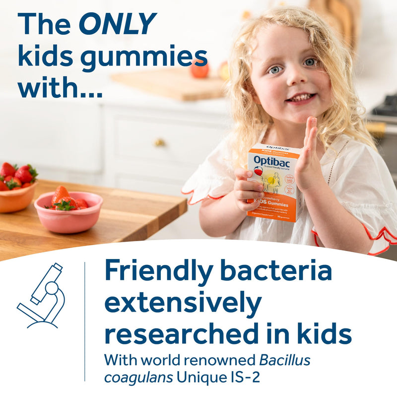Optibac Kids Probiotics Gummies | 30 Strawberry-Flavored Probiotic Gummies for Kids with Vitamin D & Calcium | 2 Billion Live Cultures | Vegan Children’s Supplement for Digestive & Immune Health