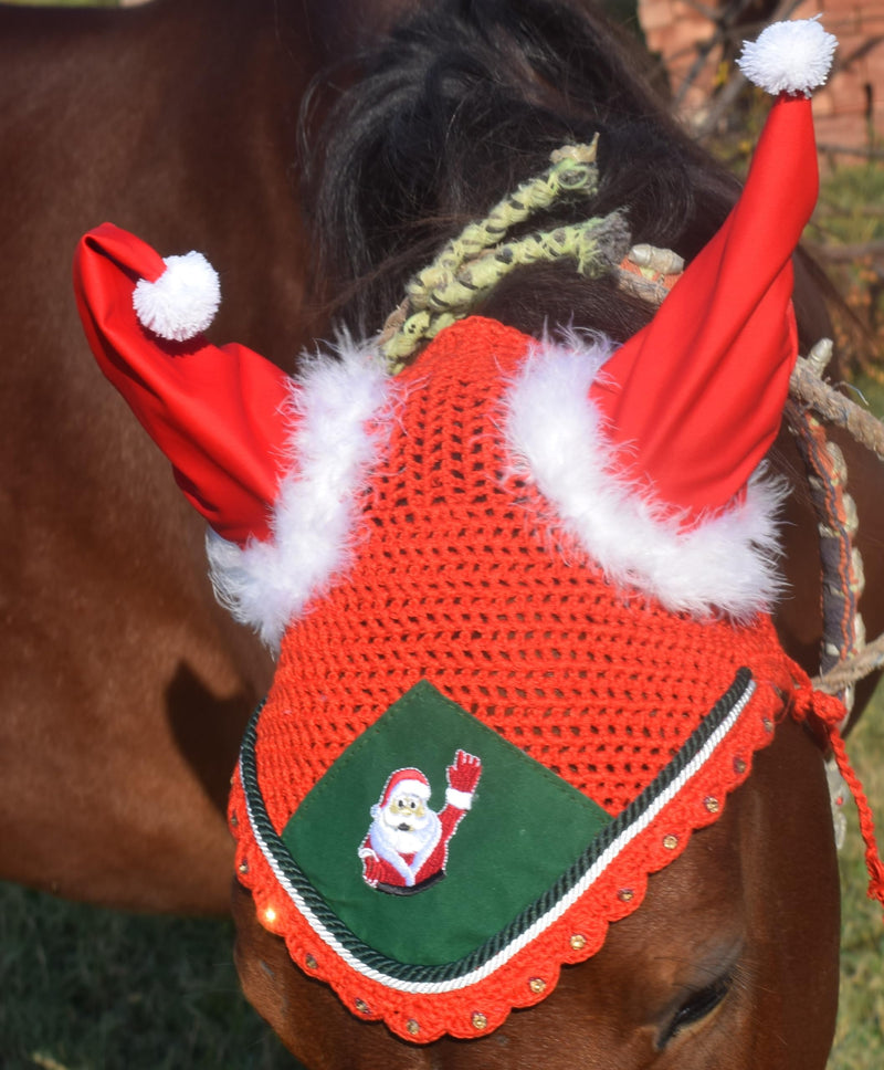 Santa Claus Christmas Horse Fly Bonnet Net Hat Hood Mask Fly Veil Full Hand Made Cotton Full (Red, Pony) Red - BeesActive Australia