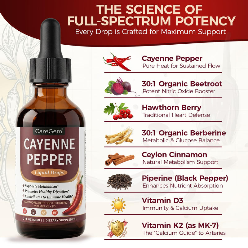 Cayenne Pepper Drops with Vitamin D3 K2 MK-7-30:1 Organic Beetroot & Hawthorn Berberine, Turmeric, Panax Ginseng - 2 Fl Oz