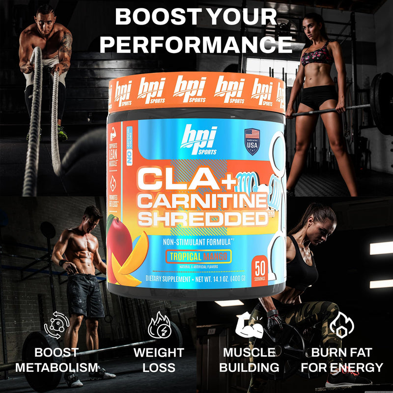 BPI Sports CLA + Carnitine Shredded - Convert Fat Cells Into Energy and Supports Lean Muscle, Boost Metabolism - Non-Stimulant L-Carnitine Supplement - Tropical Mango (14.1 oz. / 50 Servings)