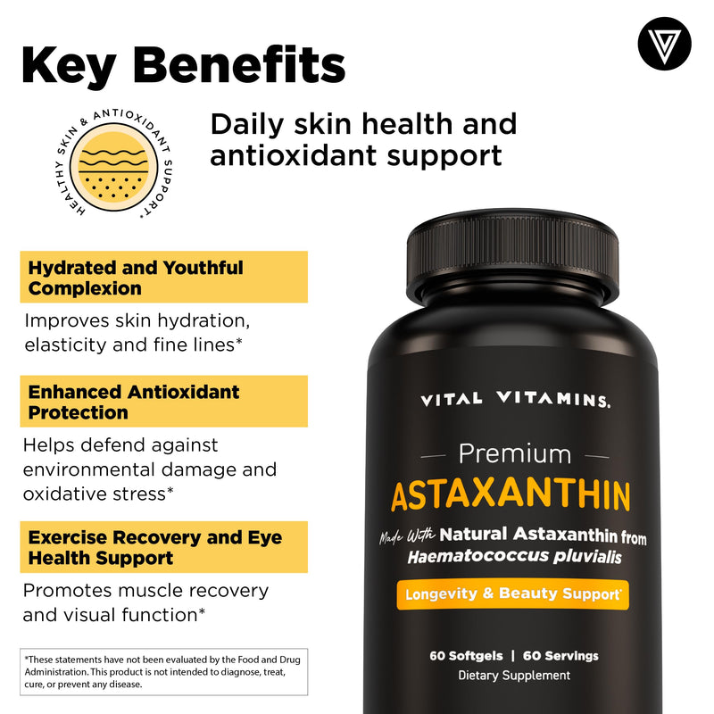 Vital Vitamins Astaxanthin 12mg Softgels for Skin Hydration & Elasticity | Natural Astaxanthin from Microalgae, Antioxidant Protection for Skin, Eyes & Exercise Recovery, Vegan, 60 Softgels