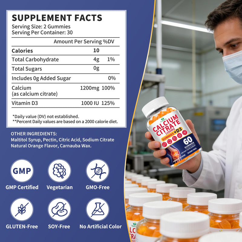 3 Pack-Calcium Citrate 1200mg with Vitamin D3 Gummies for Women & Men,Calcium Chews Supplement- Supports Bone & Teeth Health,Easy Absorption,Sugar Free,Vegan,Orange Flavor,90 Day Supply 60 Count (Pack of 3)