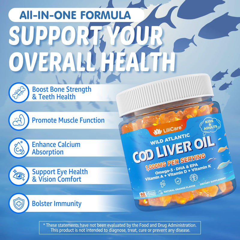Cod Liver Oil Gummies with Omega-3, Vitamins A, D3 & K2 for Adults & Teens | Cod Liver Oil Omega 3 Fish Oil Gummies for Immune, Brain & Cognitive Support, Sugar Free, Orange Flavor, 120Cts 60 Count (Pack of 1)