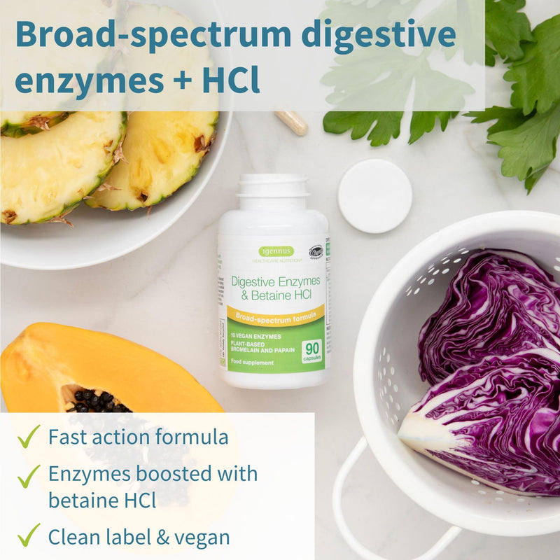 Igennus Broad Spectrum Digestive Enzymes & Betaine HCl, 90 Vegan Capsules | Fast-action blend with protease, lipase, lactase, papain and bromelain; plant-based and clean