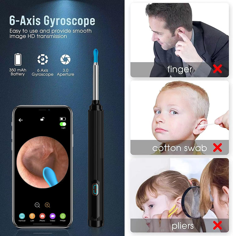 Ear Wax Removal Tool Camera, Wireless Ear Cleaner with 1080P Otoscope & LED Light, Visual Earwax Removal Kit with Soft Silicone Tips, Ear Camera for iOS & Android (Black) Black - BeesActive Australia