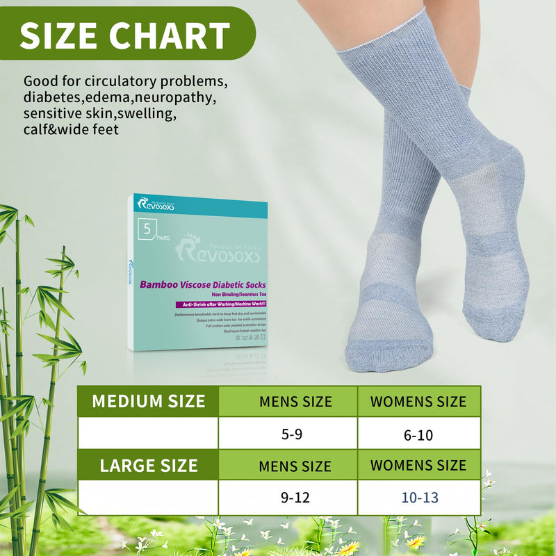 Diabetic Crew Socks for Men Women,Bamboo Viscose Non-Binding Loose Top Wide Socks with Seamless Toe 6-9 9-12 Black/White/Gray-blue/Coffee/Grass Gray Large