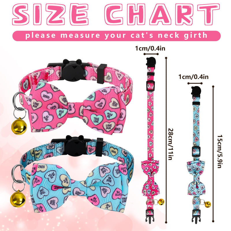 2Pcs Valentine's Day Cat Collar Conversation Heart Bowtie Collar with Breakaway Bell Blue Pink Adjustable Kitten Collar for Girl Boy Cat Small Pet - BeesActive Australia