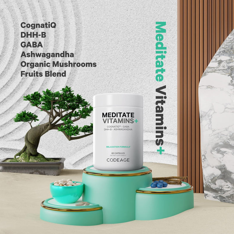 Codeage Meditate Vitamins+, CognatiQ, Ashwagandha, GABA, 60 Capsules | Meditate supplement with adapatogens, CognatiQ, GABA, ashwagandha, mushrooms and wild blueberry. Vegan, gluten-free, non-GMO.