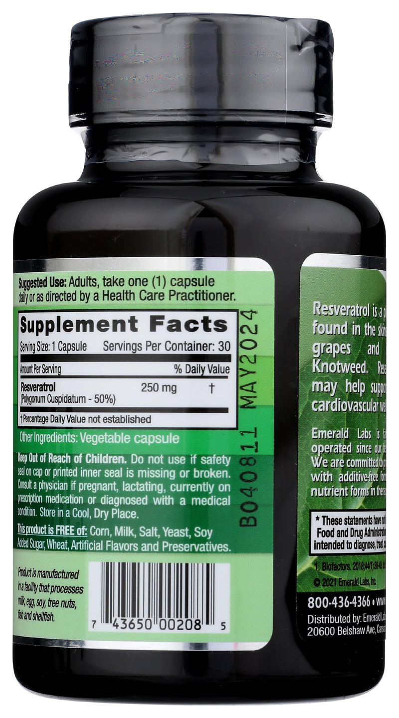 Emerald Labs Resveratrol - Dietary Supplement with Resveratrol for Cellular and Cardiovascular Support - 30 Vegetable Capsules