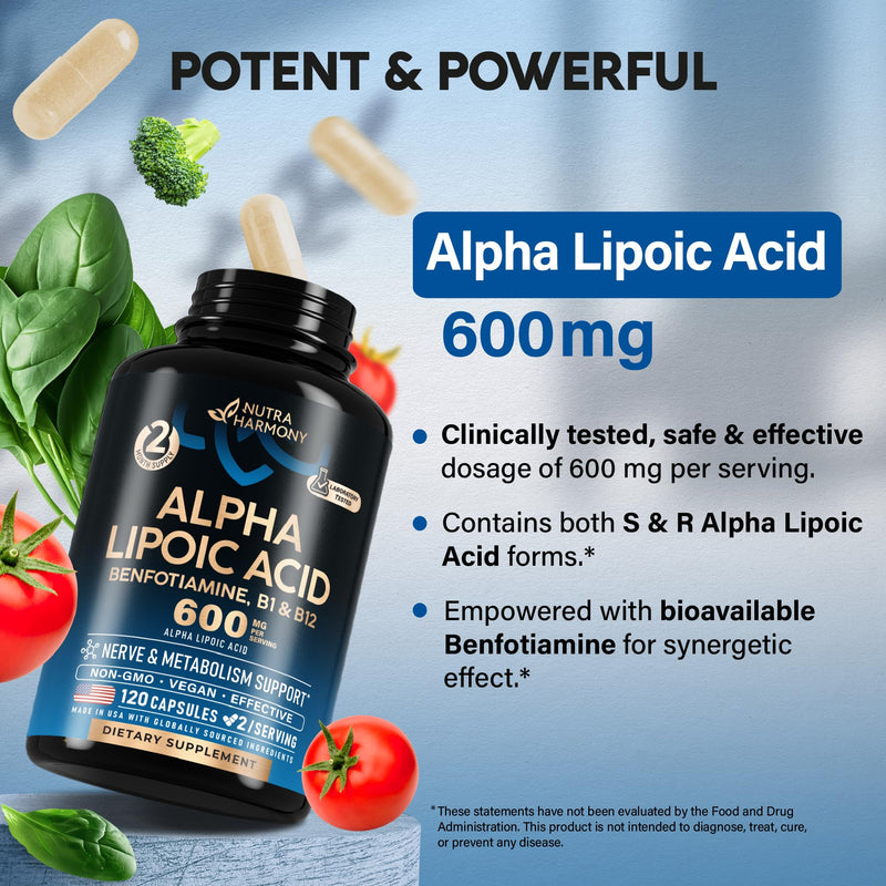 Alpha Lipoic Acid 600mg - ALA Supplement Antioxidant for Nerve, Energy & Metabolism Support - Extra Strength with Benfotiamine, B1 & B12 - Lab Tested, Non-GMO & Vegan - 120 Capsules, 2 Month Supply 120 Count (Pack of 1)