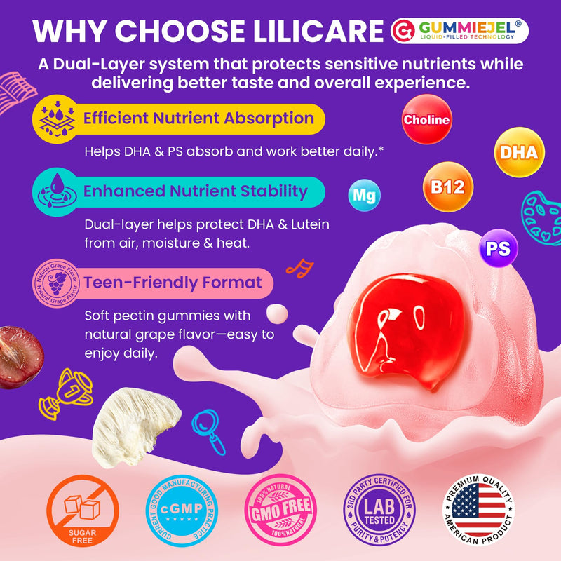 LILICARE Teen Brain Focus Vitamin Gummies with Omega-3,Lion's Mane Mushroom | 23-IN-1 Advanced Teens Brain Formula Helps Support Focus, Memory & Mental Performance for During School, Study & Exams 60 Count (Pack of 1) Teens Brain Gummies, 60 Count
