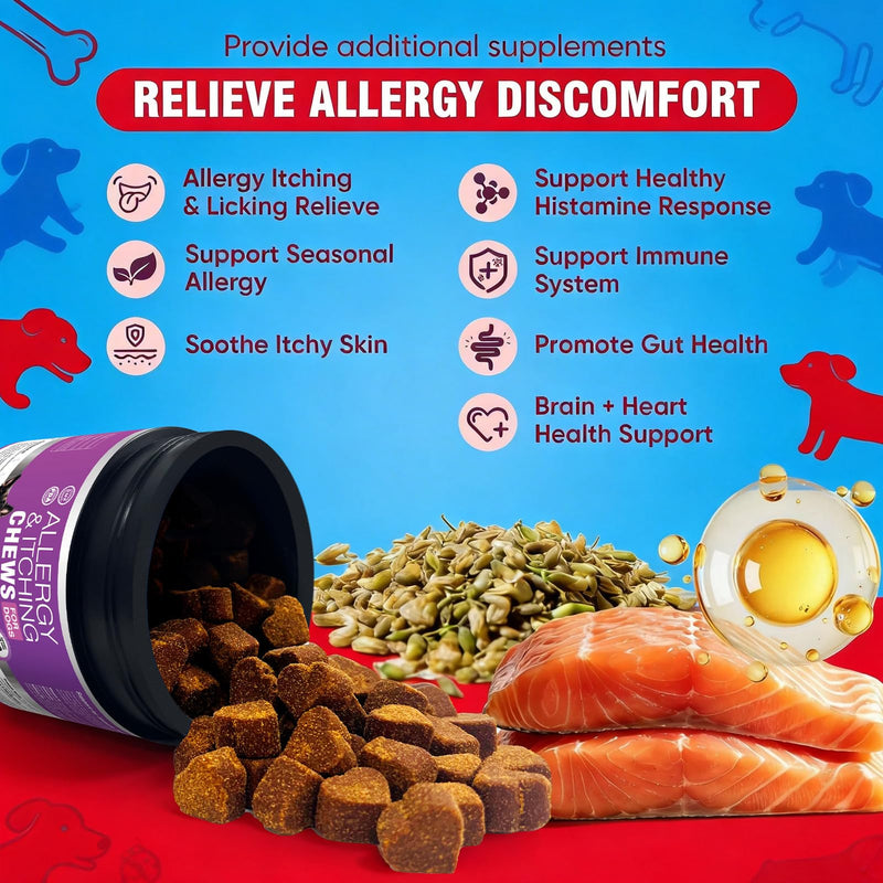 Dog Allergy Chews with Probiotics & Vitamins – Supports Skin Comfort & Coat Health