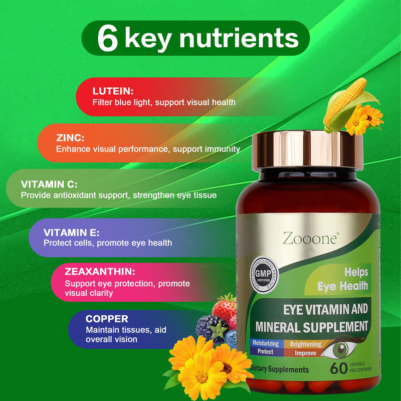zooone- 60pcs Lutein Eye Vitamins Supplement Nutritional Supplement for Macular Health & Dry Eye Support, Contains Lutein, Zinc, Vitamins C/E & Zeaxanthin 60 Count (Pack of 1)