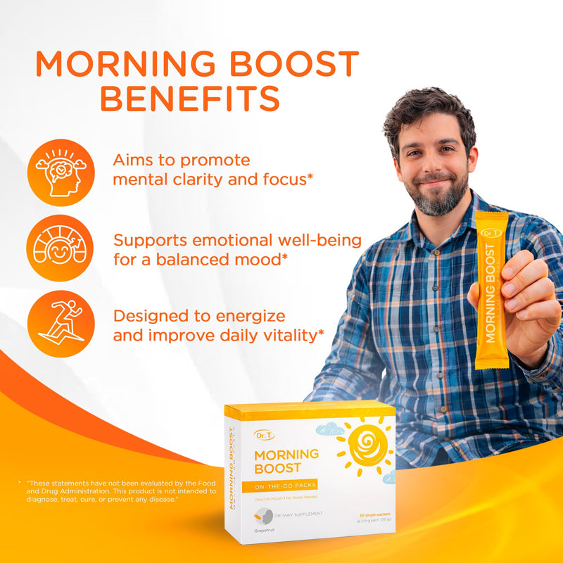 Dr. T On-the-go Packs Morning Boost Formula, Grapefruit, 30 Packs | No Water Needed, Direct-to-Mouth, Vitamins C, B6, B12 & Camu-Camu Extract, Supports Focus, Energy & Well-Being