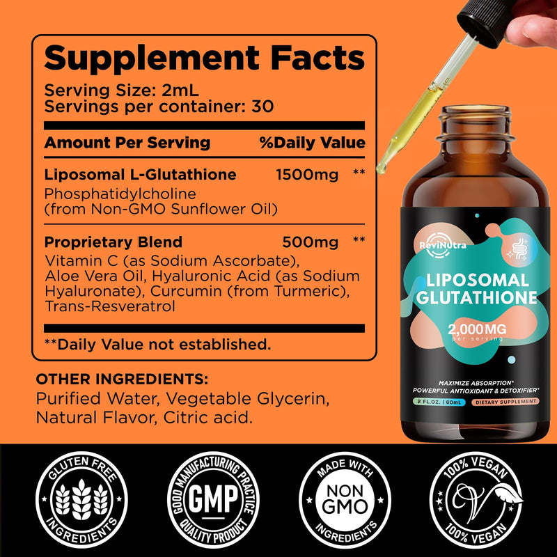 2 Pack Liposomal Glutathione Supplement - 2000mg Glutathione Liquid Drops with Vitamin C, Curcumin & Trans-Resveratrol - Powerful Antioxidant for Immune, Skin Health Natural Flavor 2 Fl Oz (Pack of 2)