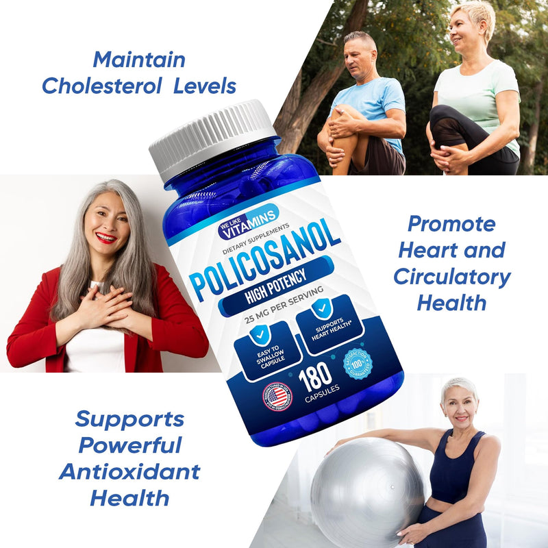 Policosanol 25mg - 180 Caps- Policosanol Supplement from Natural Sugar Cane | Max Strength Policosanol 25MG Daily Dose For Antioxidant Support - 6 Month Supply, Just 1 A Day - Non-GMO & Gluten Free 180 Count (Pack of 1)