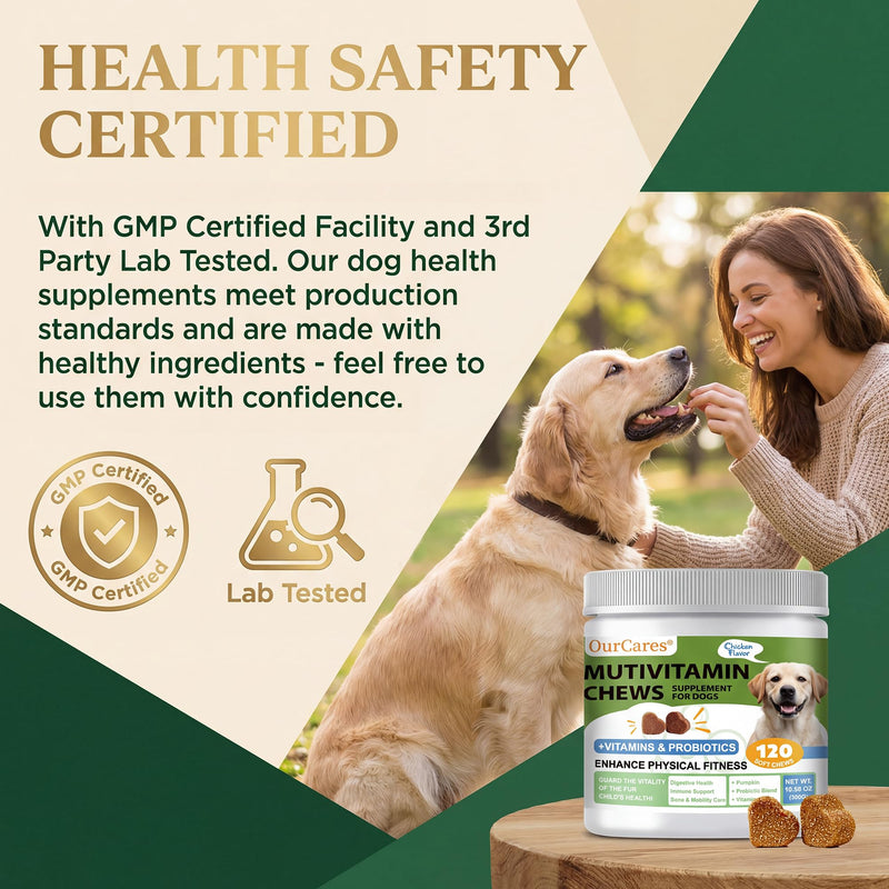 Dog Multivitamin Chewable - Vitamins and Supplements - Dog Daily Vitamin with Glucosamine Probiotics Omega-3 for Coat Hip Joint Heart Digestive Immune Health Support, Chicken Flavor, 120Ct 120 count