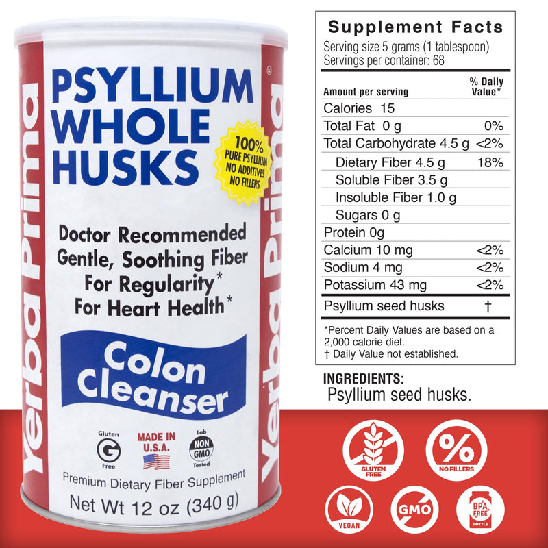 Yerba Prima Psyllium Whole Husk, 1 Bottle 12 oz - Fiber Supplement, Vegan, No Sugar or Artificial Sweeteners, Non GMO, Gluten Free 12 Ounce (Pack of 1)