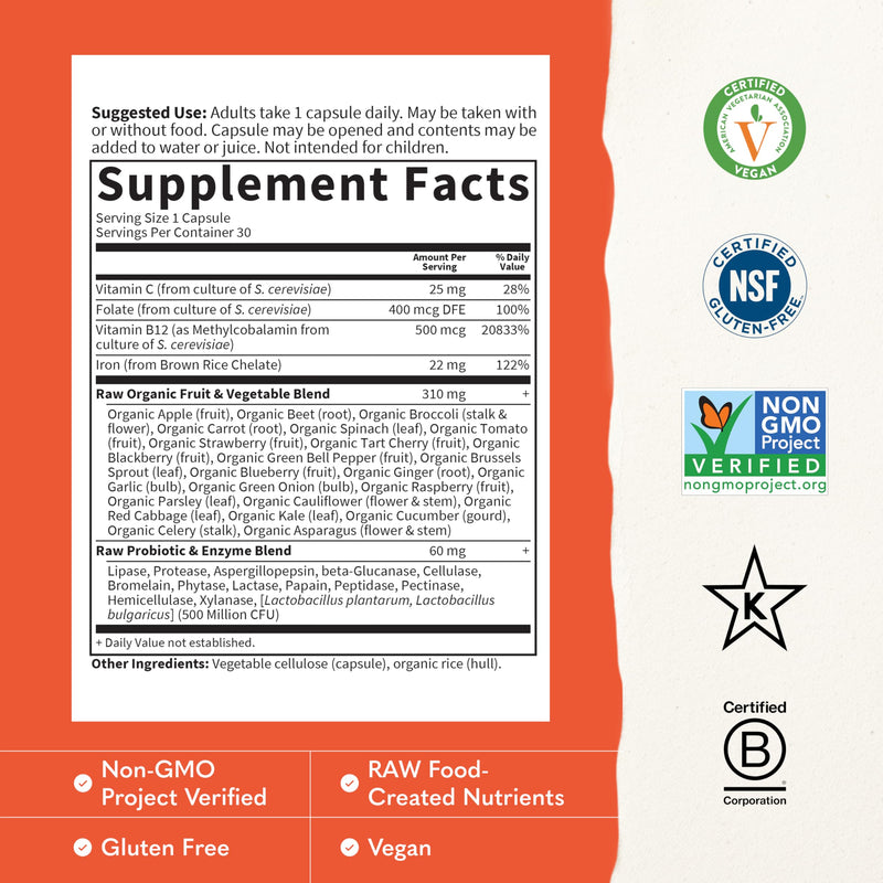 Garden of Life Vitamin Code Raw Iron Supplement - 30 Vegan Capsules, 22mg Once Daily Iron, Vitamins C, B12, Folate, Fruit, Veggies & Probiotics, Iron Supplements for Women, Energy & Anemia Support 1 Count (Pack of 30) Mineral Supplement