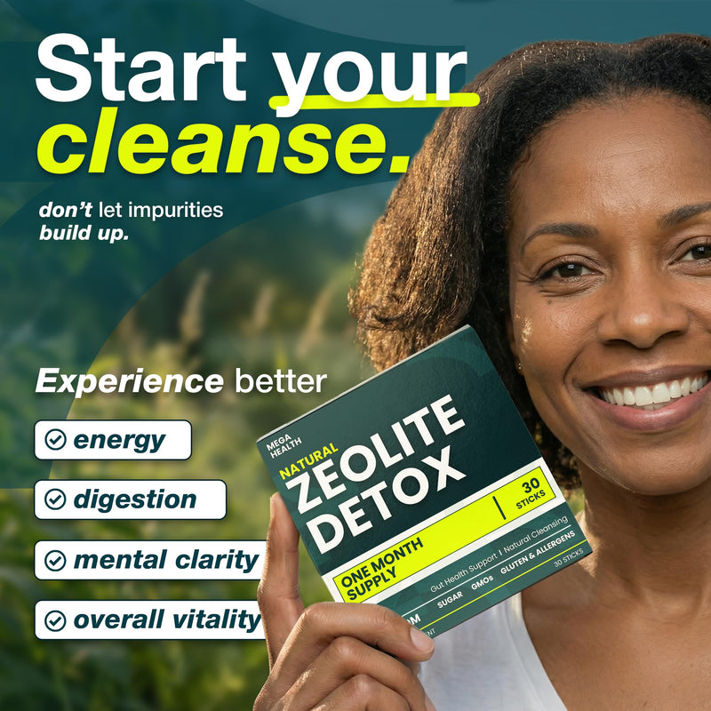 MEGA HEALTH Natural Zeolite Detox Sticks – Zeolite Detox Cleanse with Vitamin B12 & D3 | Simple Parasite Cleanse & Liver Detox Support for Humans | Vegan, Non‑GMO, 30-Day Supply Dietary Supplement.