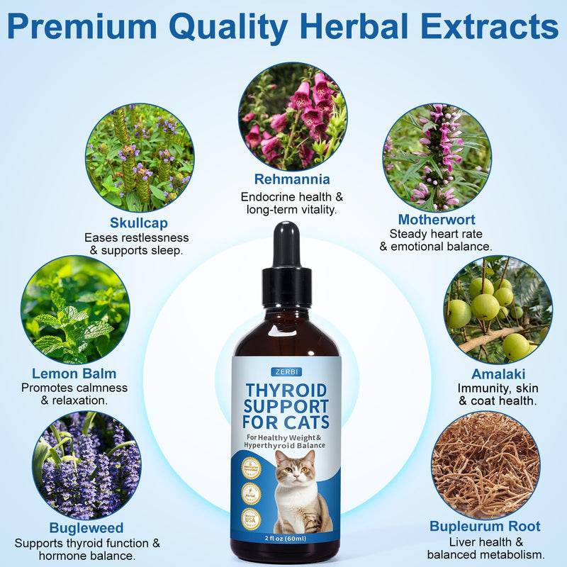 Thyroid Support for Cats, Cat Weight Gainer, Feline Metabolic Health Supplement, with Bugleweed, Lemon Balm & Motherwort - 2 oz Liquid Formula