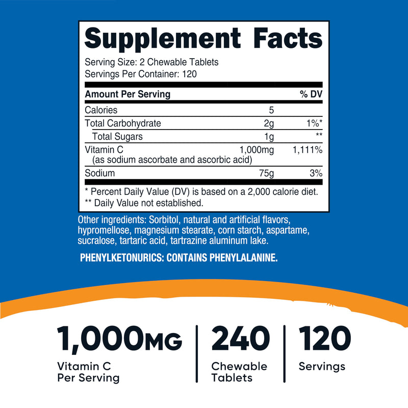 Nutricost Vitamin C Chewable (1,000mg) 240 Tablets, Vegan | GMO-Free, 120 Servings 240 Count (Pack of 1)