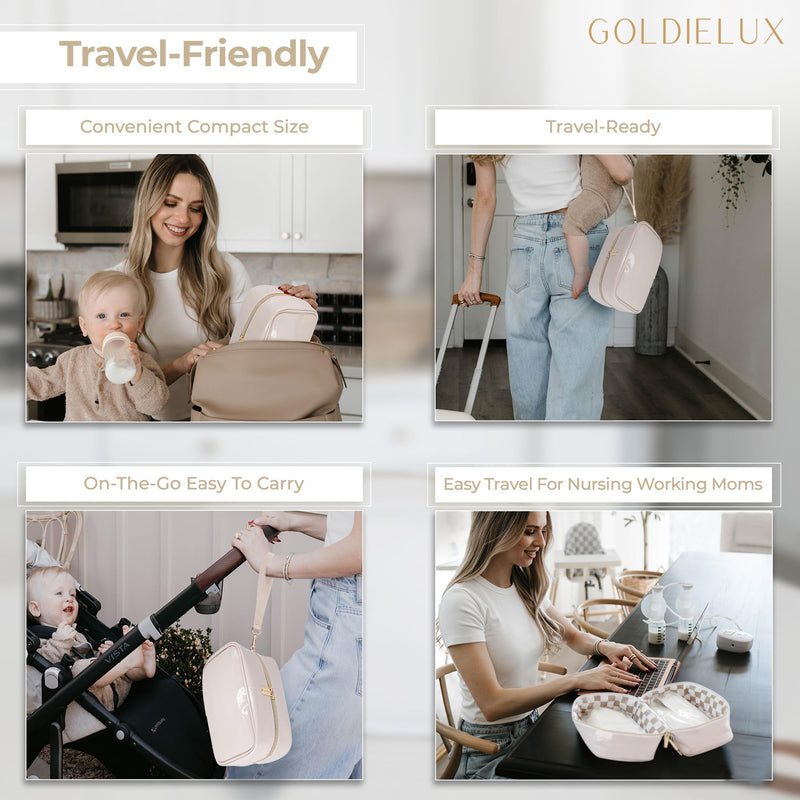 Breast Milk Cooler Travel Bag - Waterproof Breastmilk Storage Bag Cooler w/Ice Pack, Checkerboard Interior, Leather Strap, & More – Versatile Insulated Cooler Bag - Ideal Baby Travel Essentials (Nude) Nude - BeesActive Australia