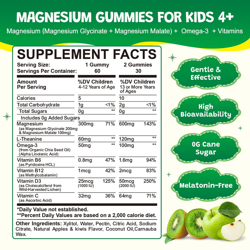 Magnesium Glycinate Gummies for Kids & Adults - Sugar Free Magnesium Malate with L-Theanine, Omega-3, Vitamin D3, B6, B12, C- Sleep, Calm, Relaxation, Brain, Bones, Green Apple & Kiwi, 60ct (2 Pack) Green Apples and kiwis 60 Count (Pack of 2)