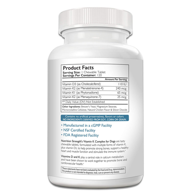 Vitamin K for Dogs, Vitamins K1 & K2 (MK4 & MK7) + Vitamin D3, Help Maintain Strong Bones, Promote Healthy Heart, Boost Immune System, Support Muscle Function, 120 Chewable Tablets - PawsPlanet Australia