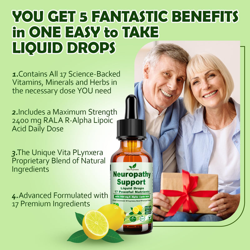 Vita PLynxera Neuropathy Supplements Liquid Drops, Advance 17-in-1 Stabilized R-Alpha Lipoic Acid (R-ALA) w. Acetyl L-Carnitine Vitamin B-Complex Magnesium, High Potency R-Lipoic Acid for Nerve