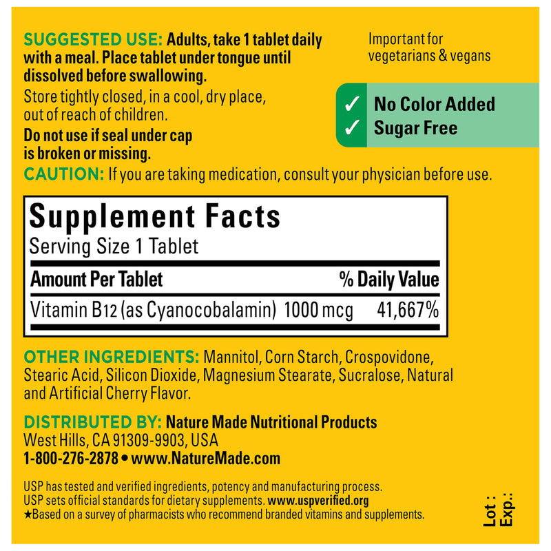 Nature Made Vitamin B12 1000 mcg Fast Dissolve Tablets, 50 Tablets | Easy to Take Vitamin B12 Sublingual Tablets for Energy Metabolism Support for Men and Women, Sugar Free, 50 Day Supply Cherry 50 Count (Pack of 1)