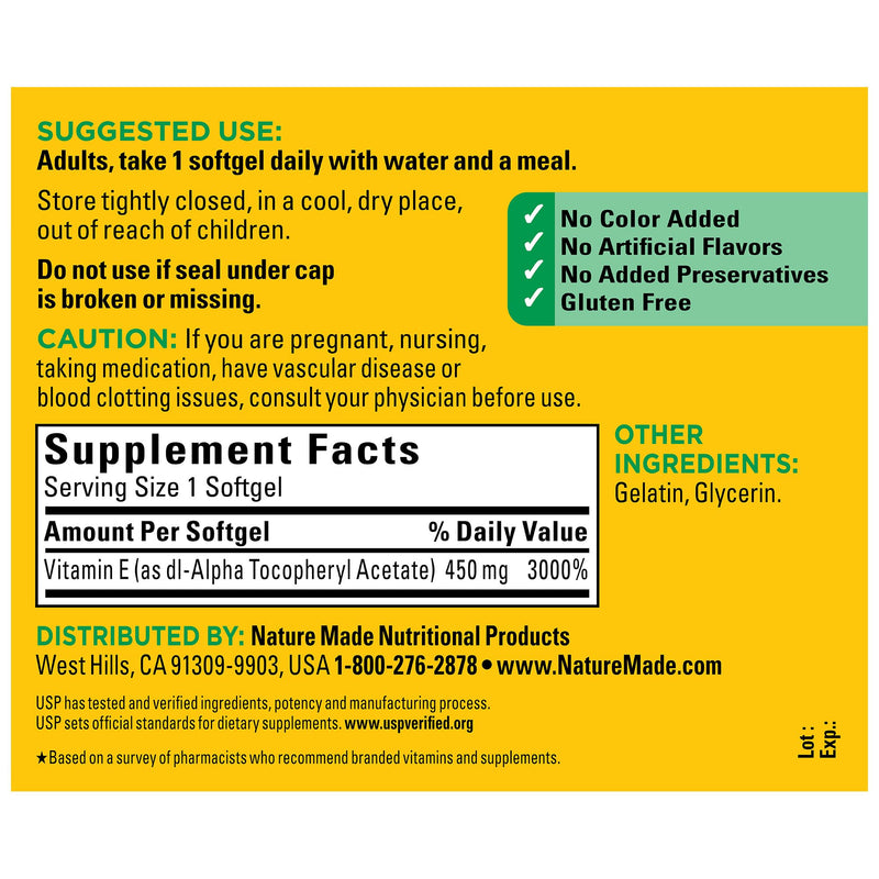 Nature Made Vitamin E 450 mg (1000 IU) dl-Alpha Softgels, 60 Count for Antioxidant Support (Pack of 3) Unflavored 60 Count (Pack of 3)