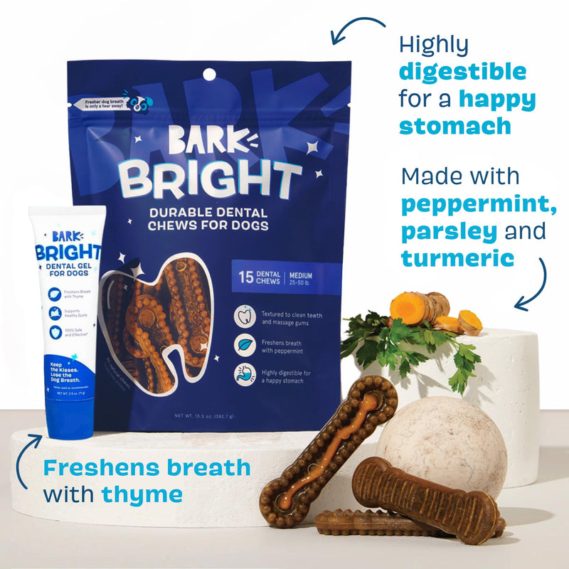 Bark Bright Durable Dog Dental Kit for Tough Chewers - 15 Chew Sticks & Toothpaste - Medium Breeds - PawsPlanet Australia