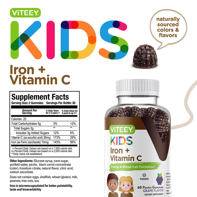 Viteey Iron for Kids with Vitamin C - Tasty Chewable Grape Flavored Gummy | Supports Energy, Blood Cell Formulation, Blood Builder Anemia Kids Iron Supplements - Vegan, Gelatin Free, Gluten Free 60 Count (Pack of 2)