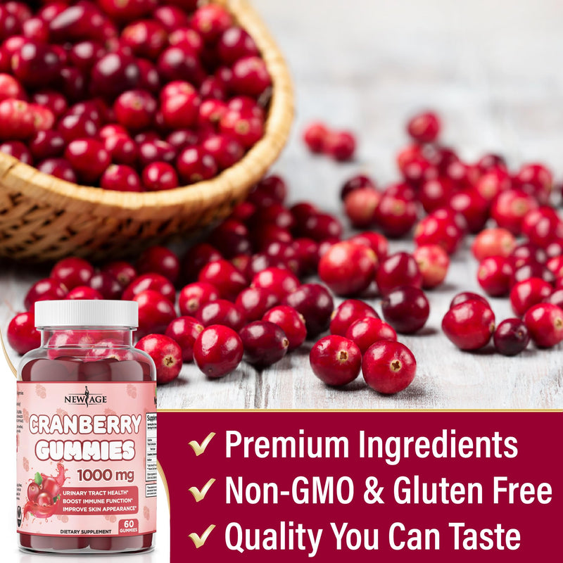 NEW AGE Cranberry Gummies Urinary Tract Health Gummies 1000mg - Supports Bladder, Kidney, UTI - Vegetarian (Cranberry 60 Gummies) 1