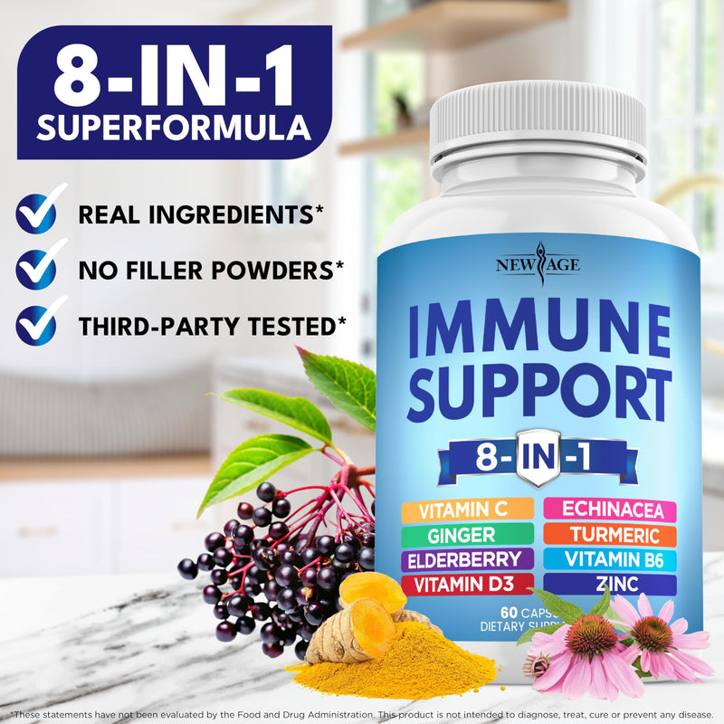 8 in 1 Immune Support Booster Supplement with Echinacea, Vitamin C and Zinc 50mg, Vitamin D 5000 IU, Turmeric Curcumin & Ginger, B6, Elderberry (8 in 1 Capsules (Pack of 5)) 300 Capsules (Pack of 5)