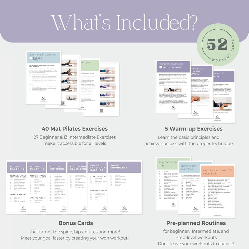 Mat Pilates Cards for Home Workout- Pilates Exercises with Equipment- Detailed Photos and Video Instructions - Produced by Stott Pilates Certified Instructor - Pilates at Home- No Equipment Needed. 56 Mat Pilates Workout Cards: 2nd Edition