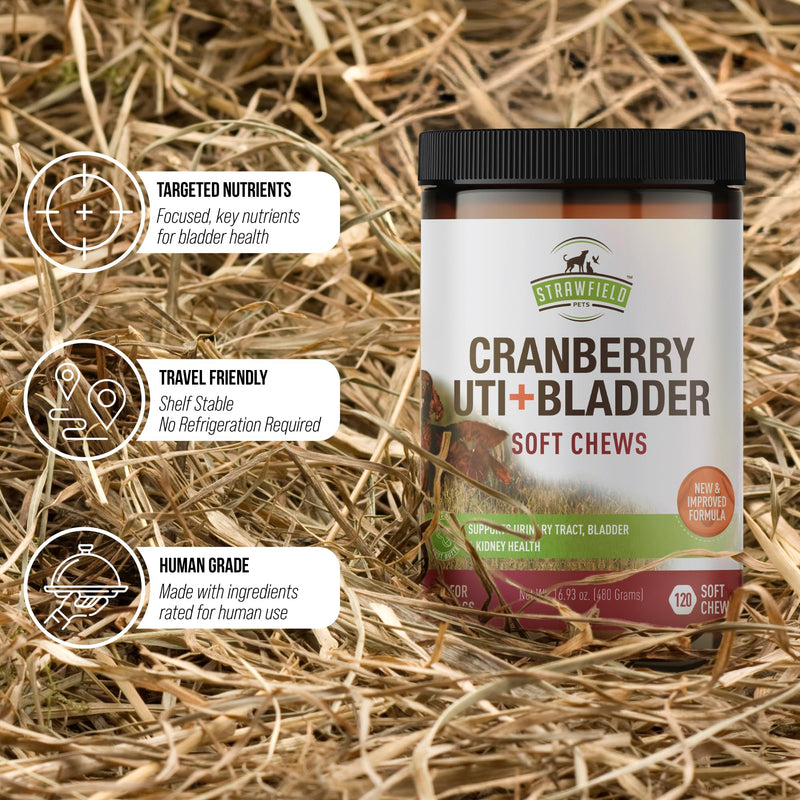 Strawfield Pets Cranberry Bladder & UTI Chews for Dogs D-Mannose + Vitamin C for Urinary Tract Support Bacon Flavored Soft Chews 120 softchews Hickory Bacon