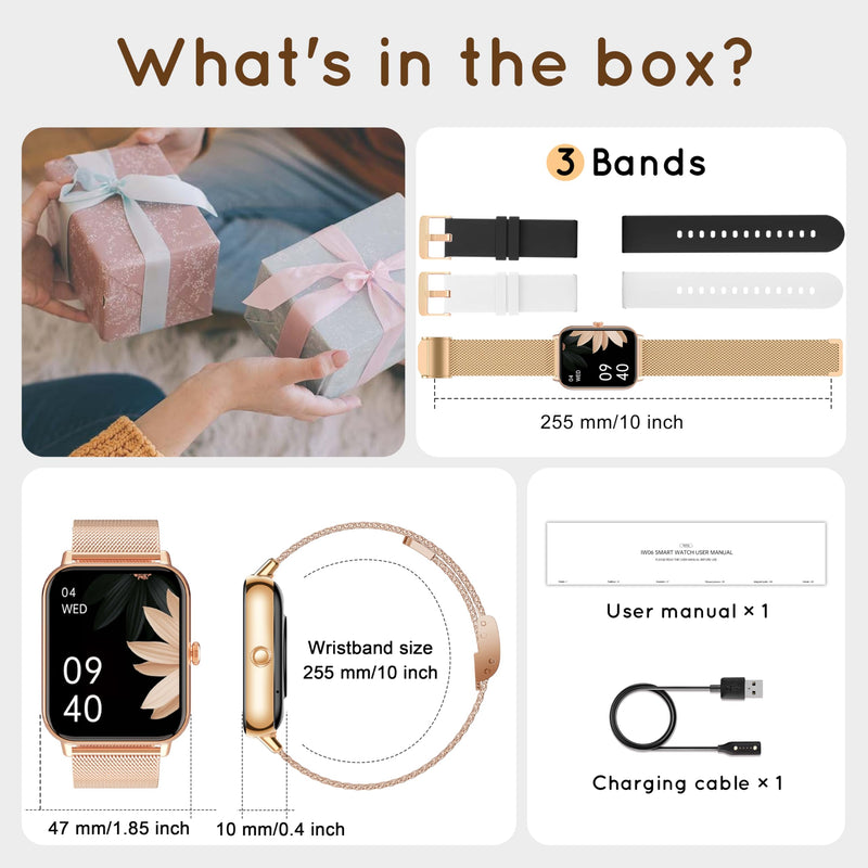 Smart Watch for Women Men 3 Bands (Answer/Make Calls) 1.85" HD Fitness Tracker Smartwatch for Android iPhone with Steps Tracking/Heart Rate/Sleep Monitor, 120+ Sports Modes IP68 Waterproof, Rose Gold