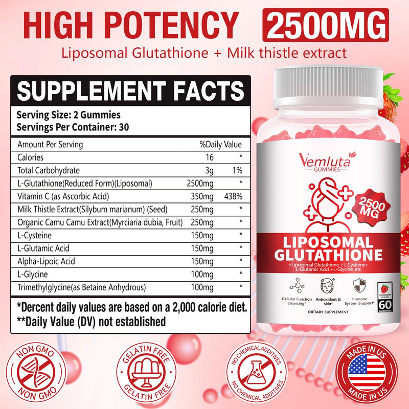 2 Packs 2500MG Liposomal Glutathione Gummies, 2X Absorption Liposomal Glutathione for Women-Complex L-Cysteine, Antioxidant, Skin & Liver Support, Strawberry Flavor, 120 Count 60 Count (Pack of 2)